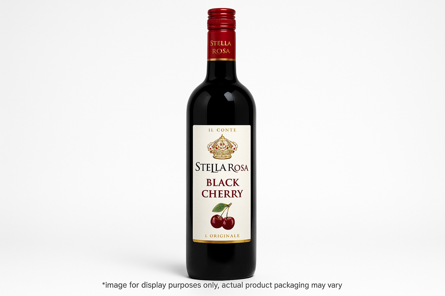 add an image of Stella Rosa Black Cherry Wine with *image for display purposes only, actual product packaging may vary at the bottom of the image