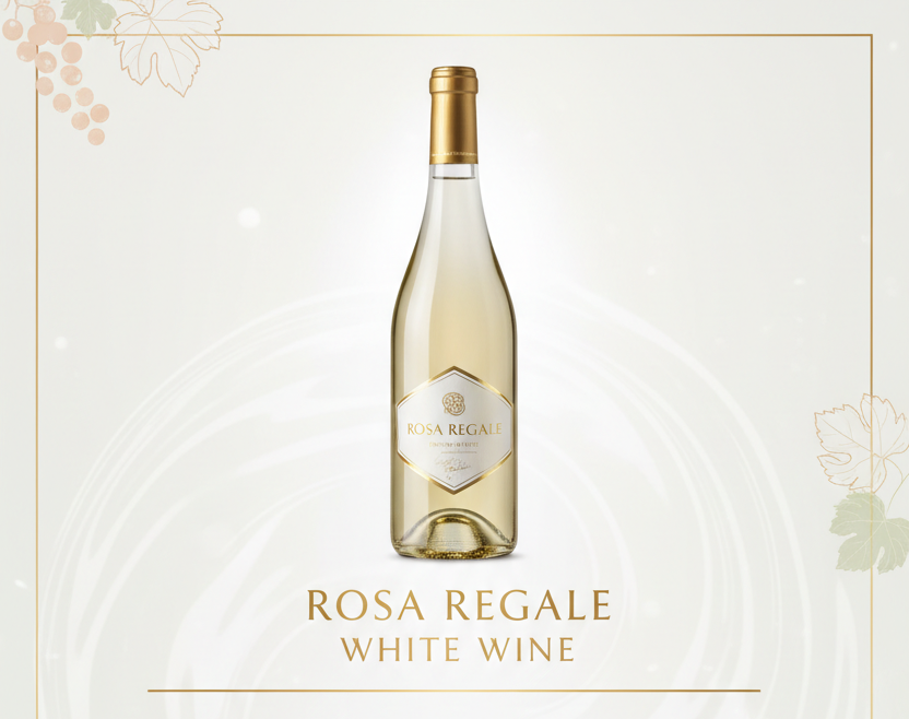 create an info graphic for Rosa Regale White Wine and add an image of the bottle