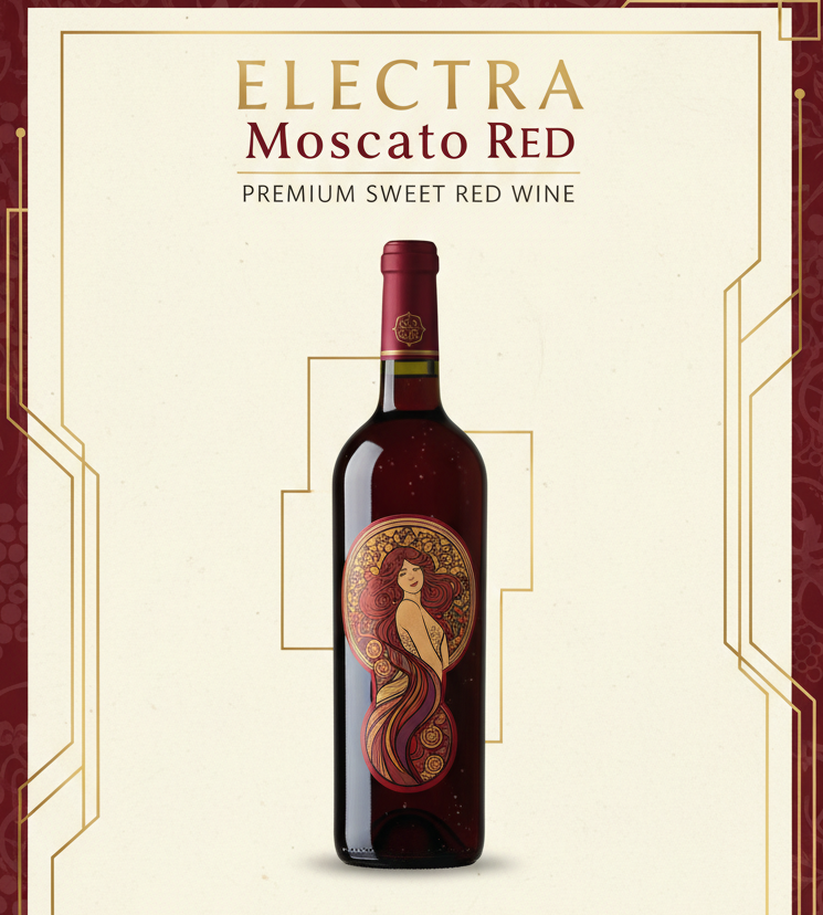 create an infographic for Electra Moscato Red and add an image of the bottle