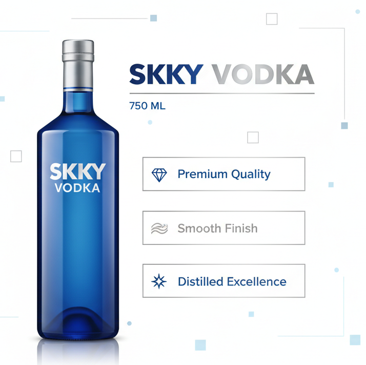 create an infographic for skky vodka 750 ML and add an image of the bottle