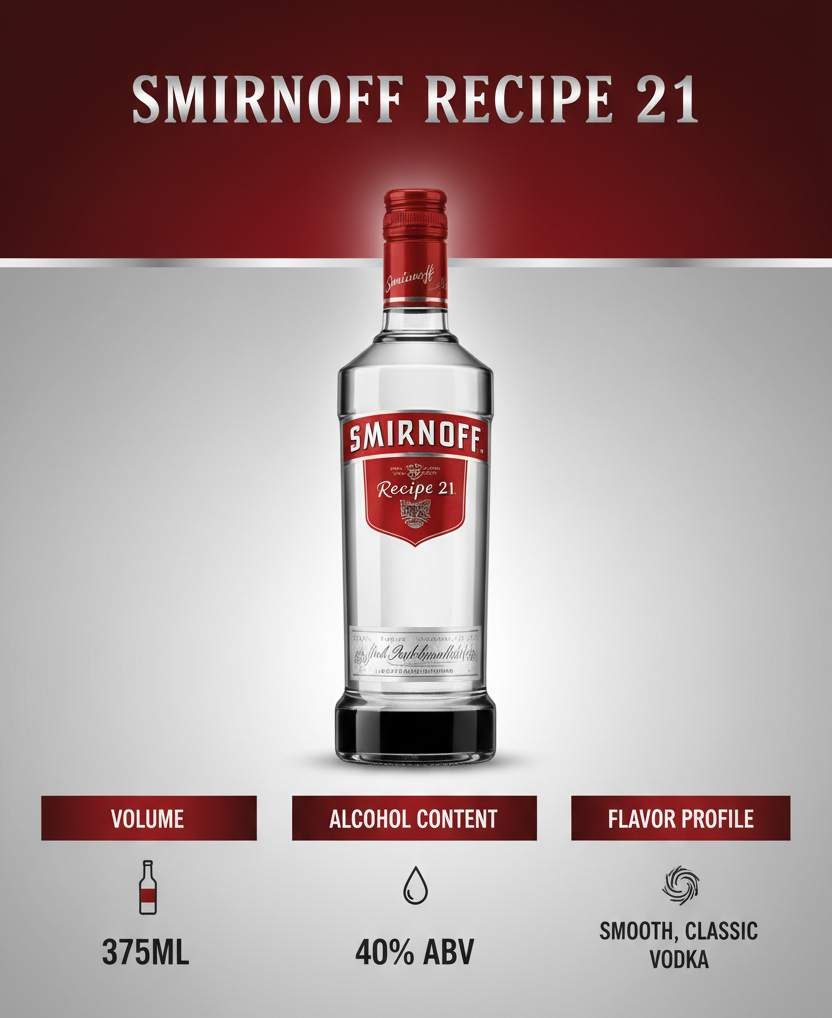 Create an infographic for Smirnoff Recipe 21 and add an image of a 375ML bottle