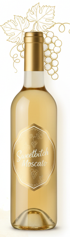 create an infographic for Sweetbitch Moscato and add an image of the bottle