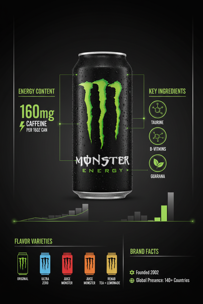 create an infographic of Monster Energy and add an image of the can