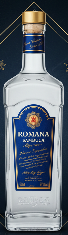 create an infographic of Romana Sambuca Liqueur with everything spelled correctly and add an image of the bottle