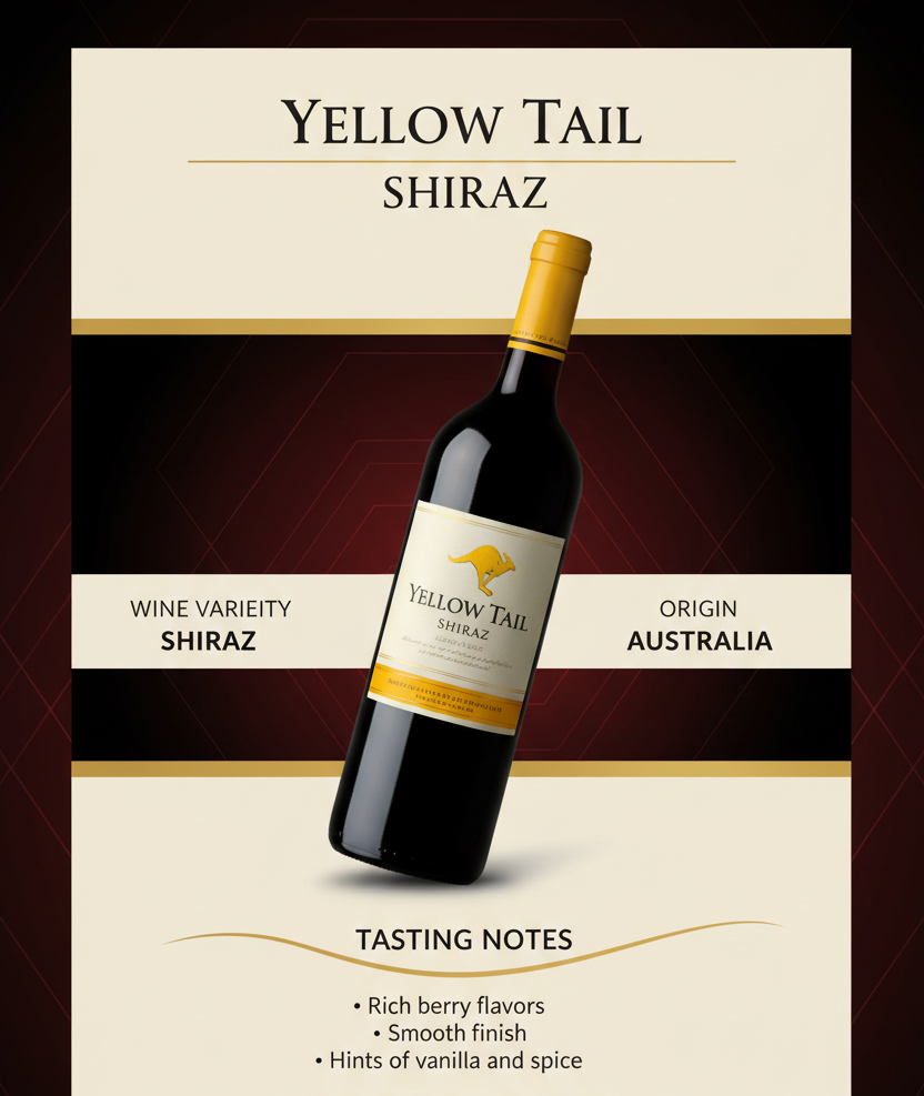 create an infographic of Yellow Tail Shiraz and add an image of the bottle