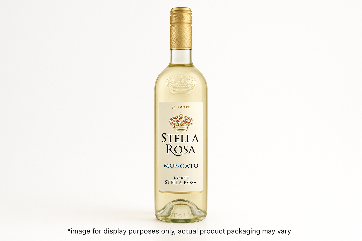 add an image of Stella Rosa Moscato Wine in a 750 ML bottle with *image for display purposes only, actual product packaging may vary at the bottom of the image