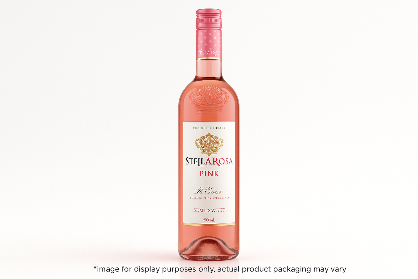 add an image of Stella Rosa Pink Wine in a 750 ML bottle with *image for display purposes only, actual product packaging may vary at the bottom of the image