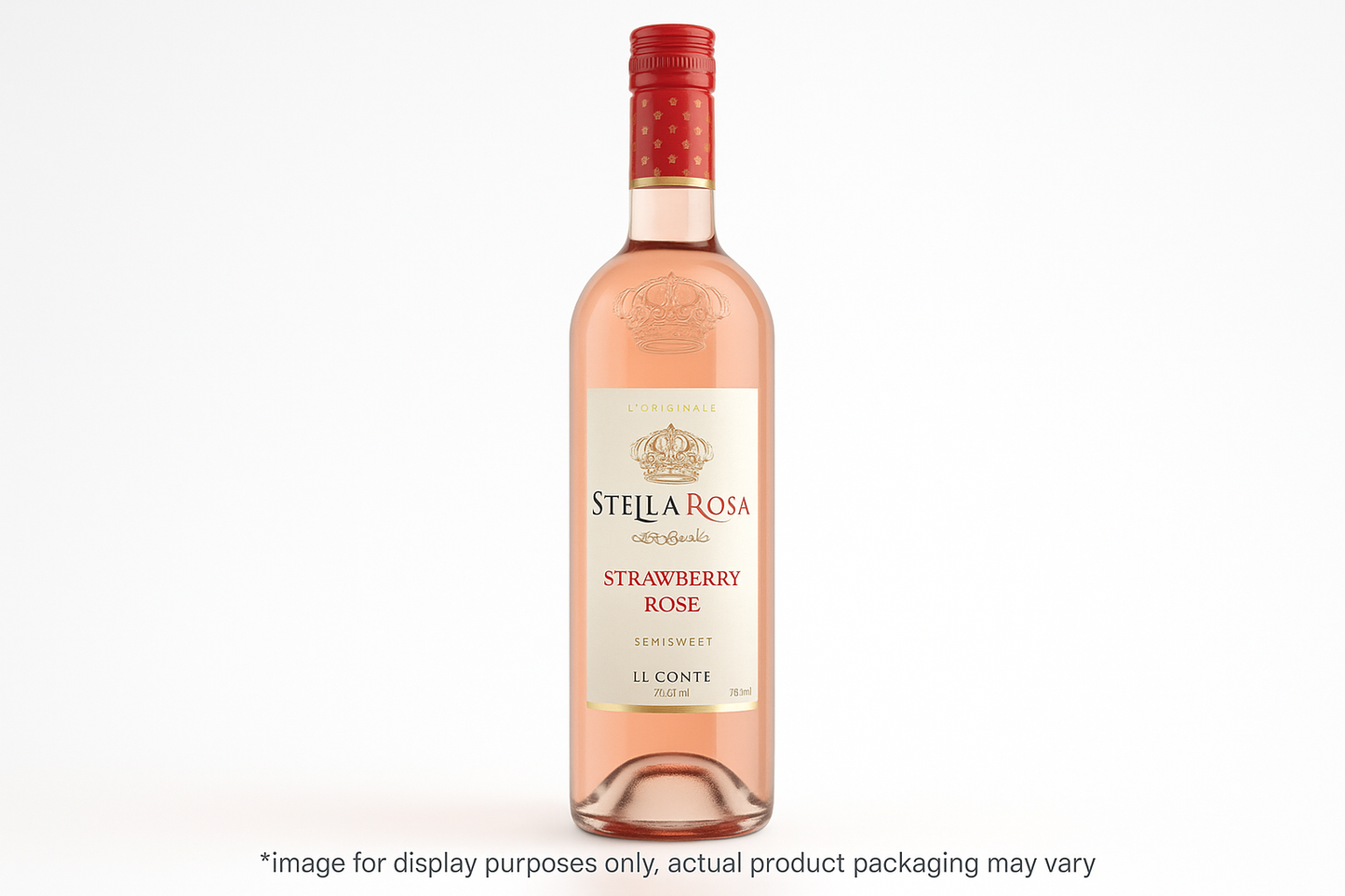 add an image of Stella Rosa Strawberry Rose wine in a 750ML bottle with *image for display purposes only, actual product packaging may vary at the bottom of the image