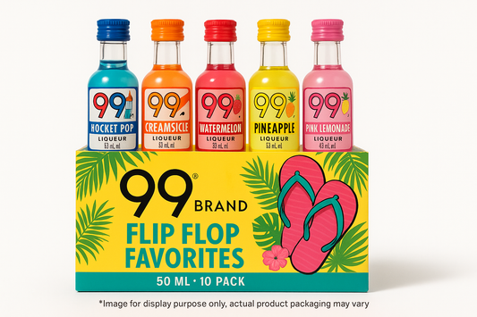 create a 99 Brand Flip Flop Favorites 50 ML 10 Pack with the flavors Rocket Pop, Creamsicle, Watermelon, Pineapple, and Pink Lemonade. add *Image for display purpose only, actual product packaging may vary at the bottom of the image. 