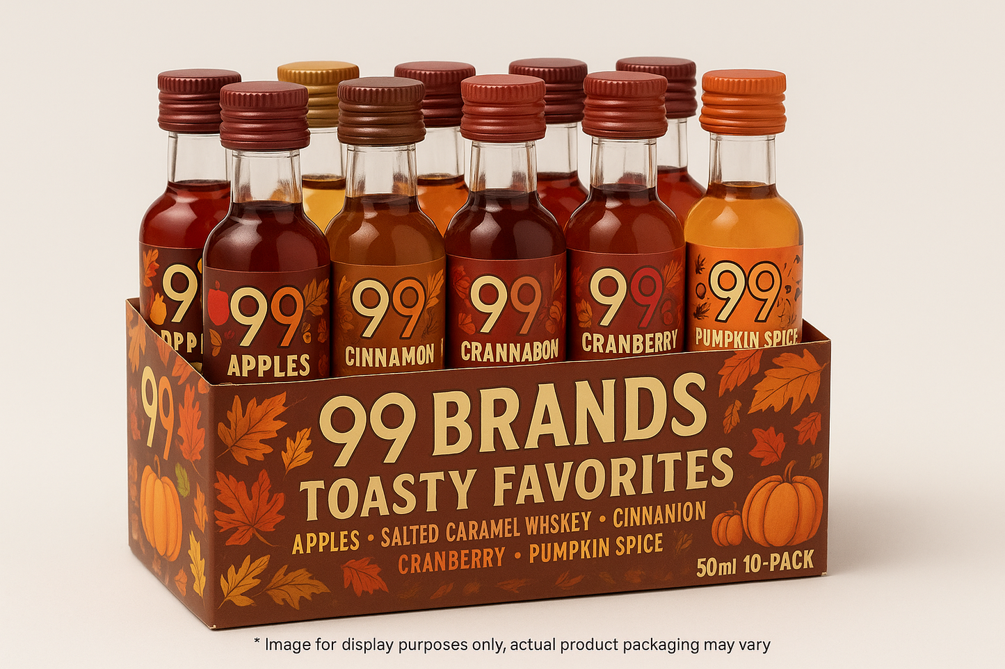 Create a 99 brands Toasty Favorites 50 ML 10 Pack with 1 bottle each of Apples, Salted Caramel Whiskey, Cinnamon, Cranberry, and Pumpkin Spice. add * Image for display purposes only, actual product packaging may vary to the bottom. 