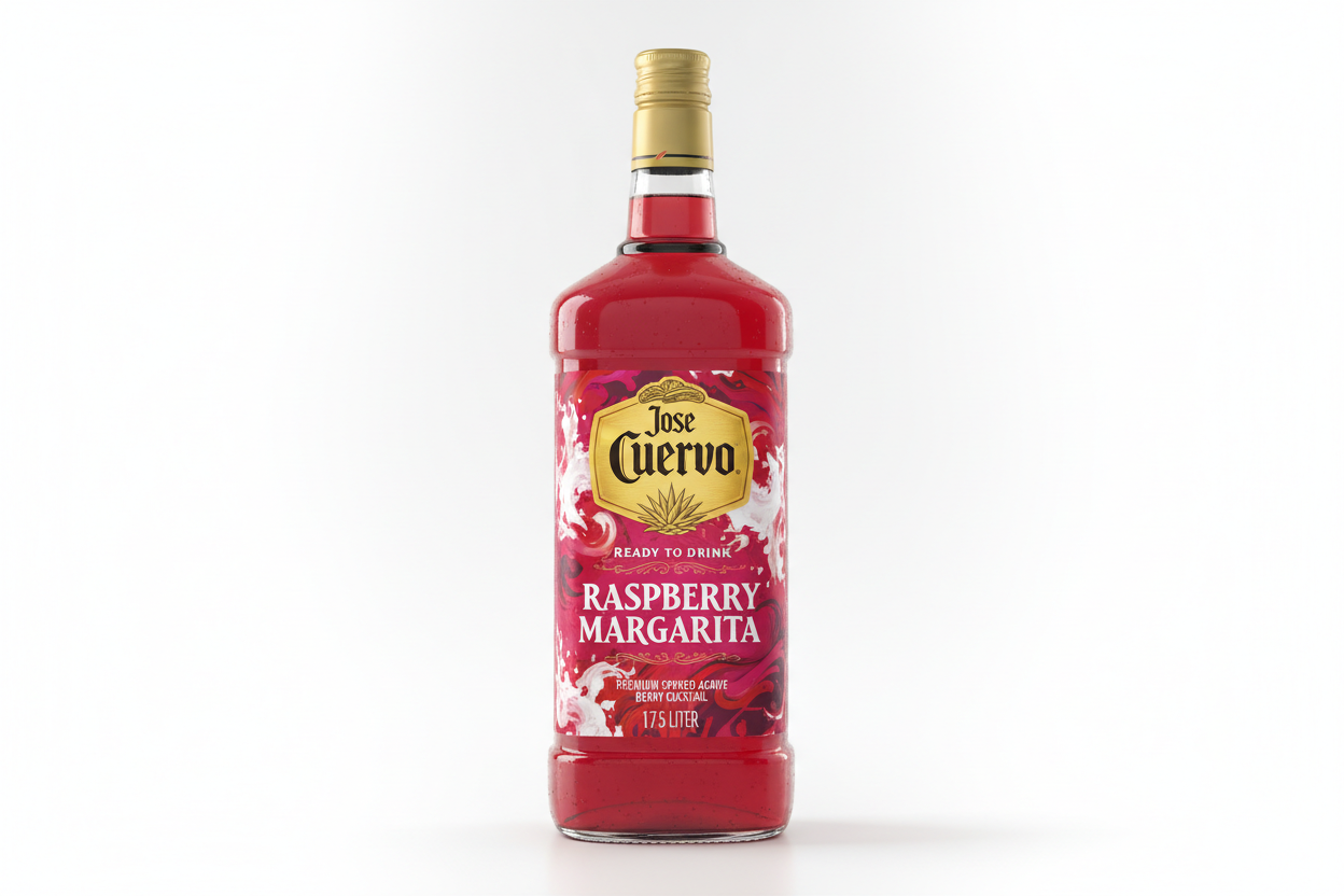 create an image of Jose Cuervo Ready to Drink Raspberry Margarita in a 1.75 Liter bottle