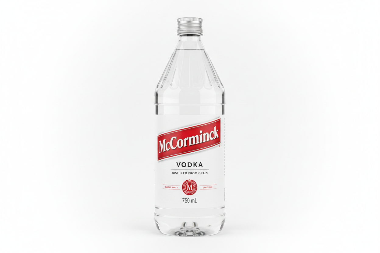 create an image of McCormick Vodka in a plastic 750 ML bottle