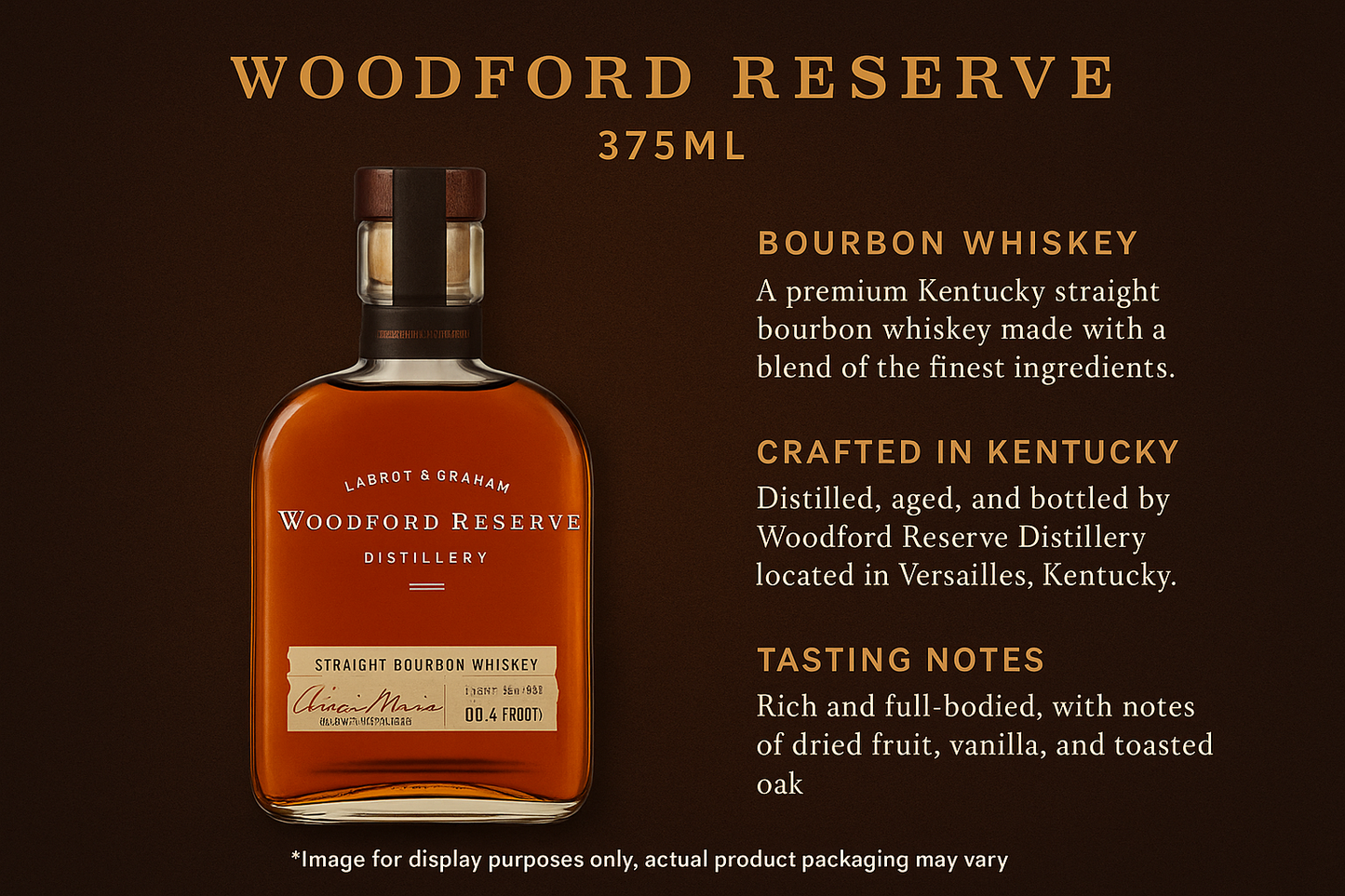 create an info graphic for woodford reserve 375ML with an image of the bottle and with *Image for display purposes only, actual product packaging may vary