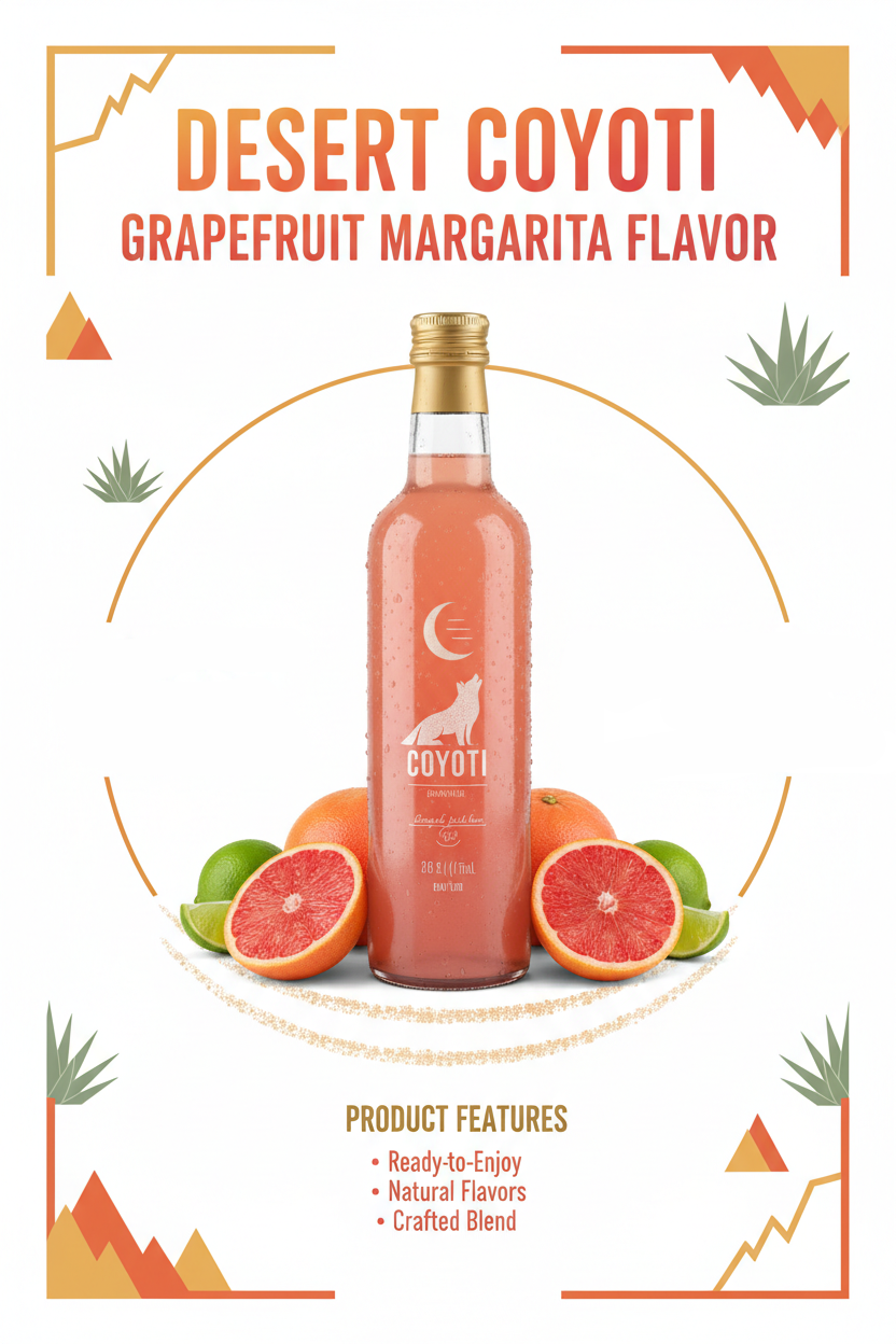 create an infographic for Desert Coyoti Grapefruit Margarita Flavor with Coyoti spelled Coyoti and add an image of the bottle