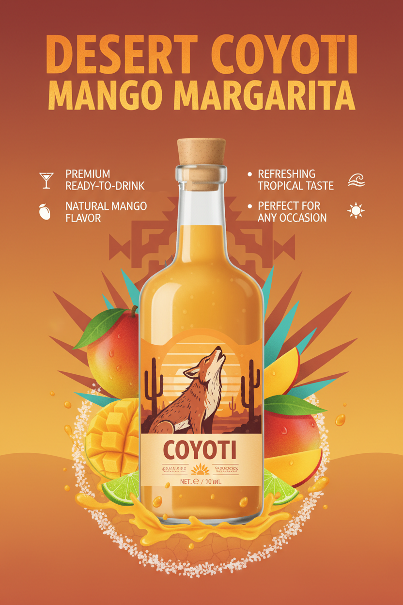create an infographic of Desert Coyoti Mango Margarita flavor, with Coyoti spelled Coyoti and add an image of the bottle
