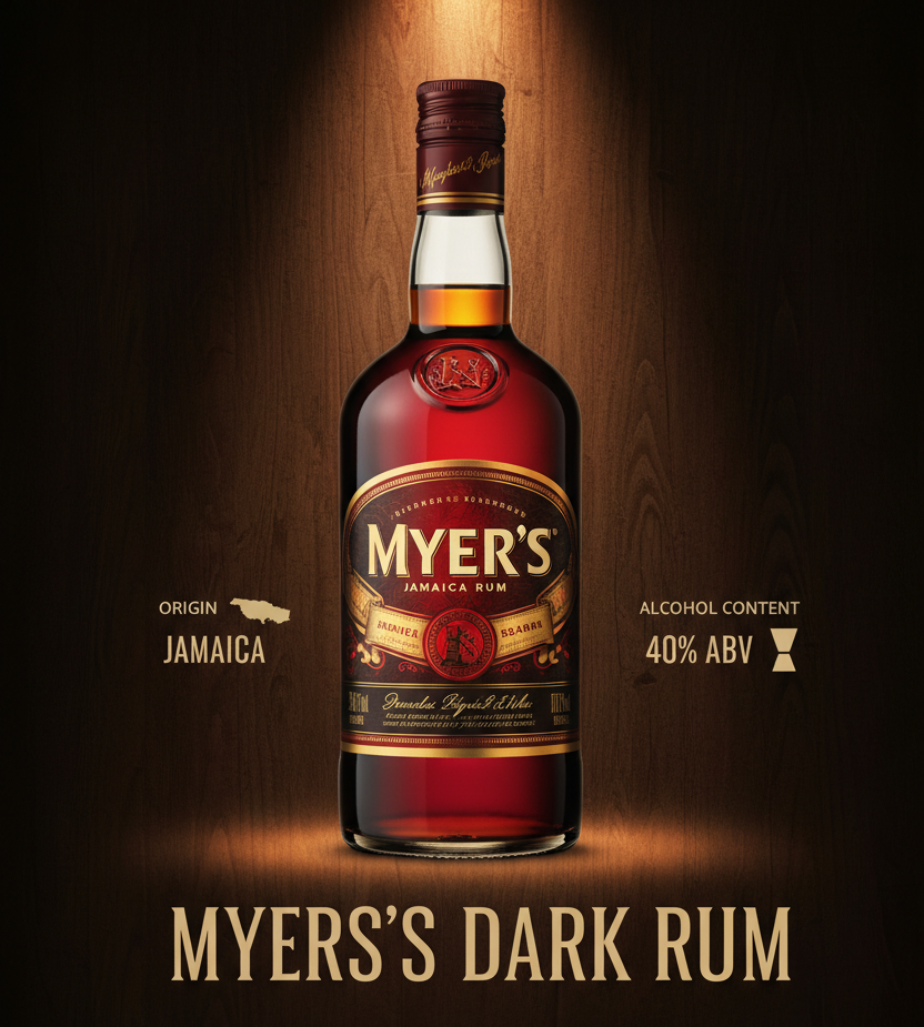 Create an infographic of Myer's Dark Rum and add an image of the bottle